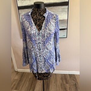 Free People Periwinkle Blue Boho Mixed Print Bell Sleeve Tunic Top XS